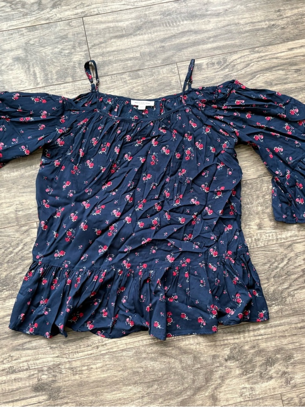 Navy Floral Off-Shoulder Ruffle Blouse - Picture 2 of 2